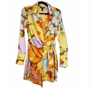 Forever 21 Floral Retro Satin Belted Wrap Dress Long Sleeve Size M